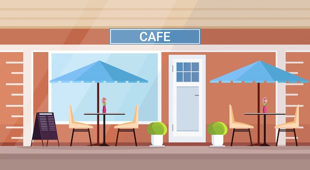 Vector modern summer cafe shop exterior empty no people street restaurant terrace outdoor cafeteria flat horizontal