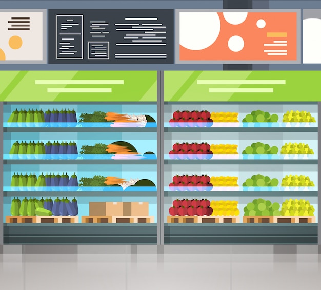 Vector modern supermarket interior grocery store row with fresh products on shelves