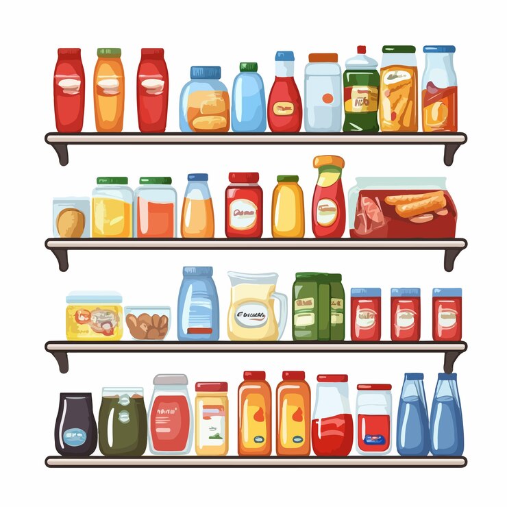 Vector modern supermarket shelf with various products vector illustration
