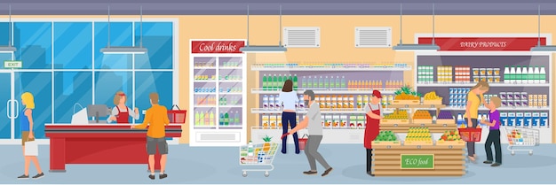 Modern supermarket with goods buyers and employees of the store Scene inside shopping mall The interior of the trading center Colorful highly detailed vector llustration in flat style