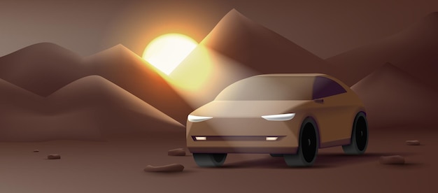 Vettore l'illustrazione di vettore 3d dell'automobile moderna di suv sul paesaggio delle montagne della sabbia del deserto con l'immagine di tramonto