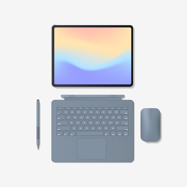 modern tablet computer with keyboard mouse pen and colored screen isolated