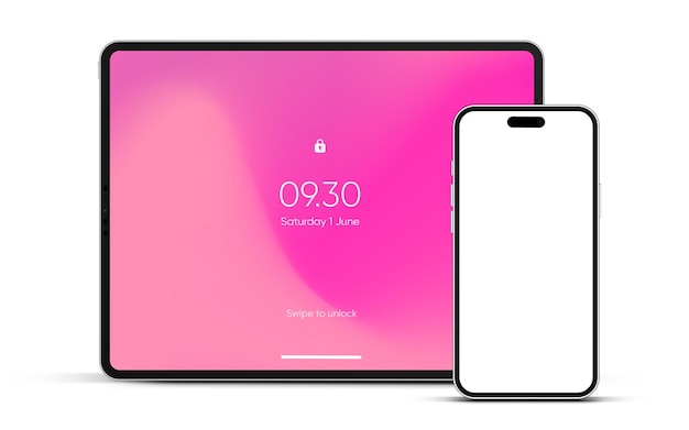 現代のタブレットモックアップフロントビューと高品質のスマートフォンとタブレートモックアップが白に隔離されています