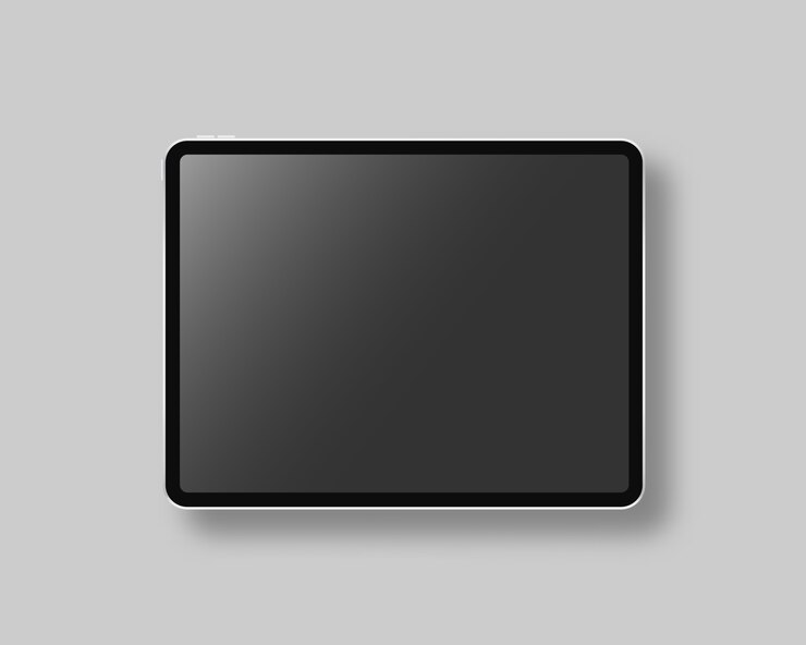 Vector 空白の画面を持つ近代的なタブレット。シーン。灰色の背景に黒のタブレット。リアルなイラスト。