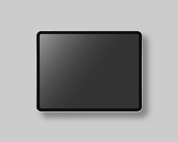 空白の画面を持つ近代的なタブレット。シーン。灰色の背景に黒のタブレット。リアルなイラスト。