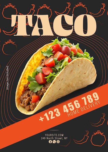 Современный дизайн листовки Taco с яркими цветами и информацией о доставке на дом