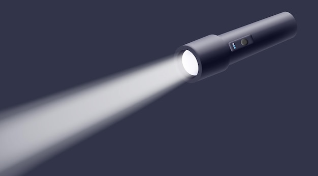 Vector modern tactical flashlight 3d shines with a bright beam on a dark background diode charging