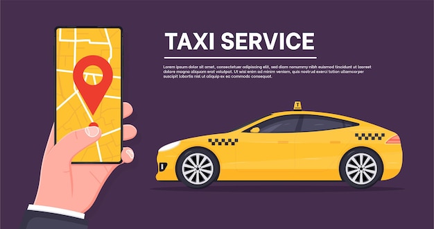 Vector modern taxi call using smartphone and online application man booking a car on smartphone with map