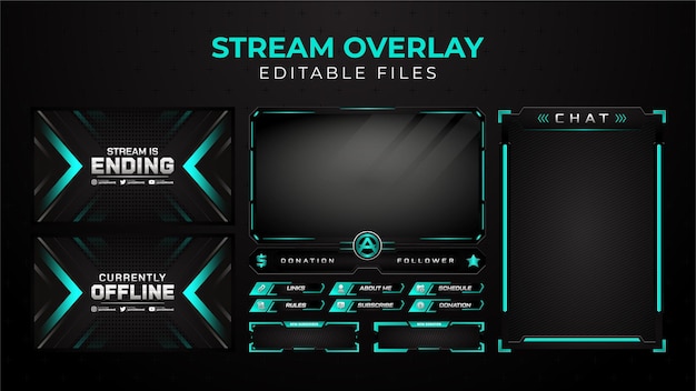 Modern teal twitch overlay stream set template for gaming streamer