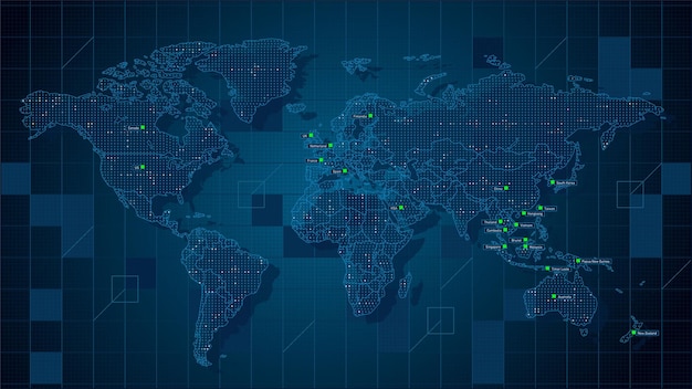 Tecnologia moderna mappa del mondo 2cool blue abstrak technologi vector tech sfondo stilizzato della mappa del mondo moderno wireframe stilizzato e punti per la visualizzazione dei dati e l'infografica hud gui ui