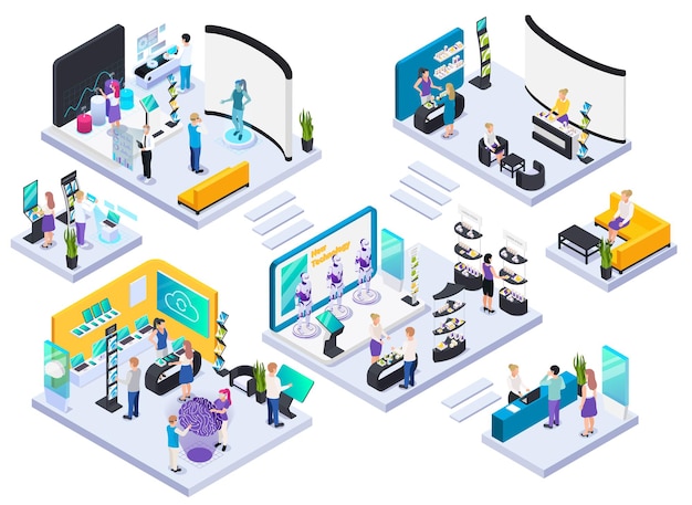 Современные технические электронные инновационные производственные выставочные залы изометрическая иллюстрация
