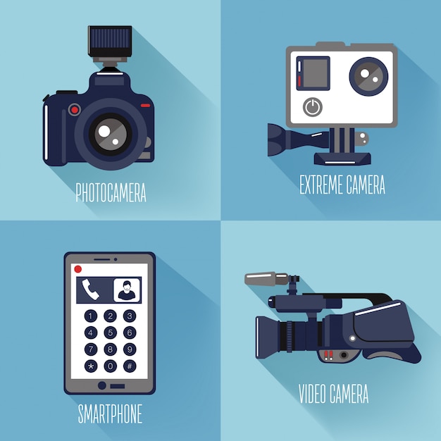 Tecnologie moderne. foto professionale e videocamera, fotocamera estrema e smart phone