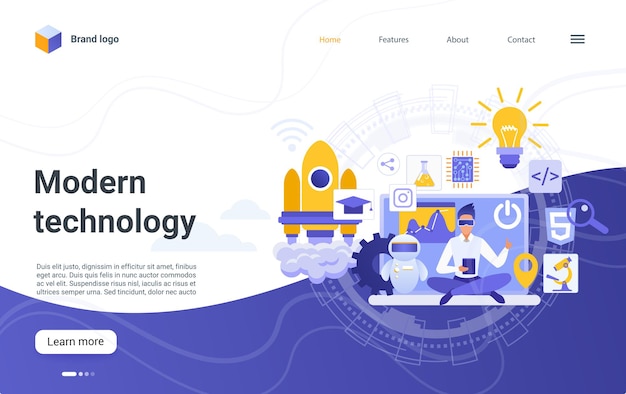 หน้า Landing Page แนวคิดเทคโนโลยีที่ทันสมัย สัญลักษณ์ทางเทคโนโลยีที่เป็นนวัตกรรม อุปกรณ์ทางวิทยาศาสตร์