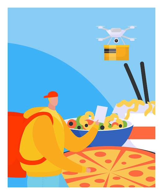 Tecnologia moderna consegna drone fast food pizza poster spedizione di prodotti alimentari vettore piatto espresso
