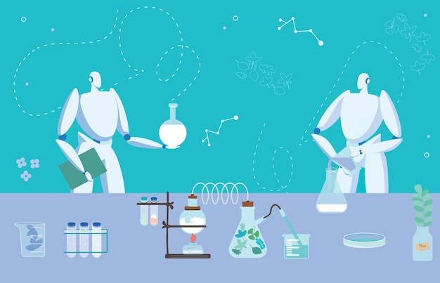 Vector modern technology device artificial intelligence medical robot hold flask manufacture medicinal product flat vector illustration