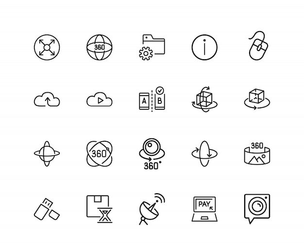 Icone moderne di tecnologia. set di venti icone di linea. servizio cloud, telecamera vr, archiviazione dati.
