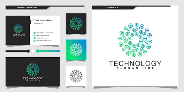 Modern technology logo design with unique molecule concept and business card premium vecto