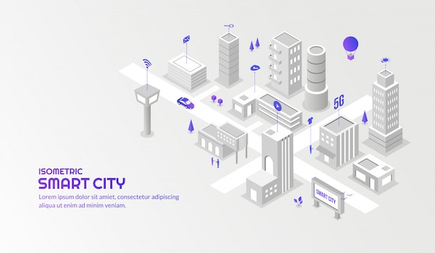 ベクトル 接続されているスマート等尺性都市背景を持つ近代的な技術サービス