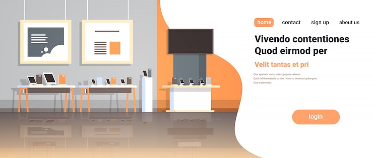 Vector modern technology store interior digital computer laptop tv screen smartphone electronic gadgets market copy space flat horizontal