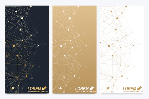 Modern templates. Geometric abstract presentation. Molecule, science, technology. Golden cybernetic dots. Lines plexus.