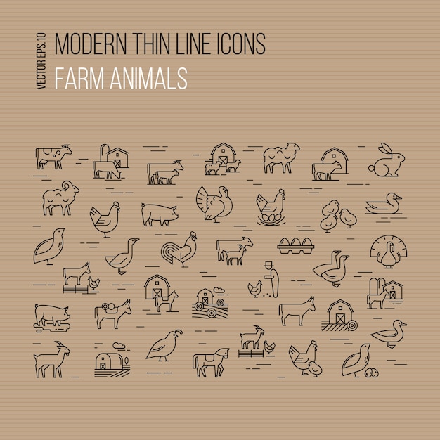 Вектор Набор иконок современные тонкие линии сельскохозяйственных животных, изолированных