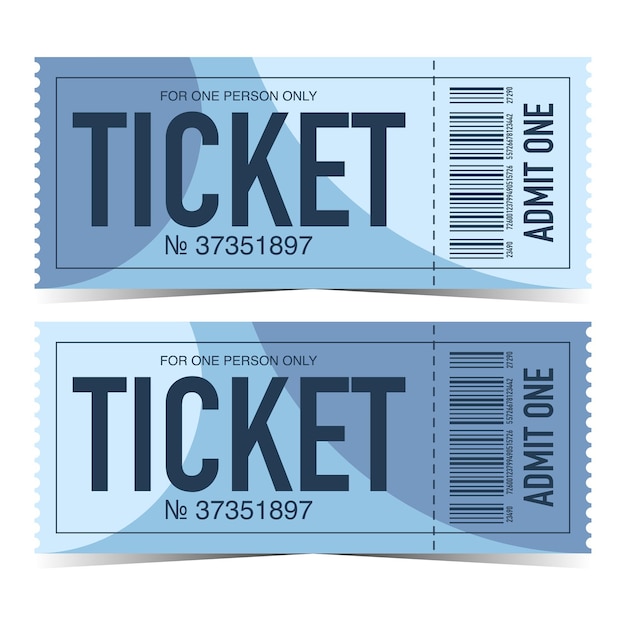 Vector modern ticket template in blue and cyan colours with tearoff or detachable part and barcode