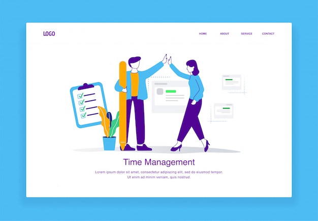 Modern  time management illustration concept of men and women do high five after successfully completing deadlines for landing page template
