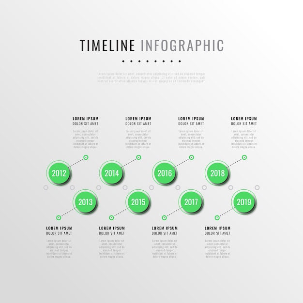 白い背景の上の8つの緑の丸い要素を持つモダンなタイムラインのインフォグラフィックテンプレート