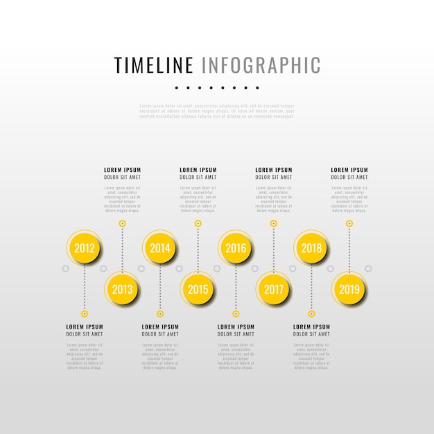 Modello di infografica timeline moderna con otto elementi rotondi gialli su sfondo bianco