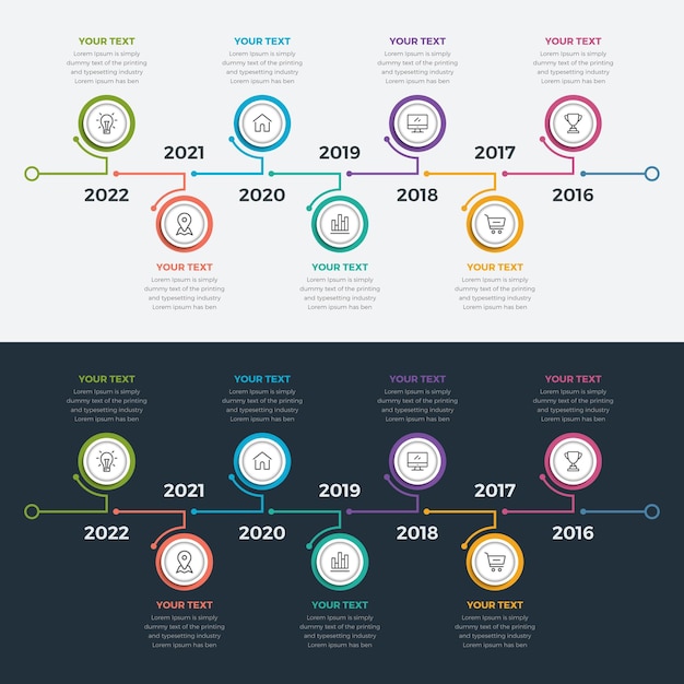 Infografica timeline moderna con sfondo chiaro e scuro