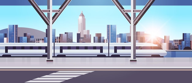 современный город с небоскребами и монорельсовым поездом на мосту умный город