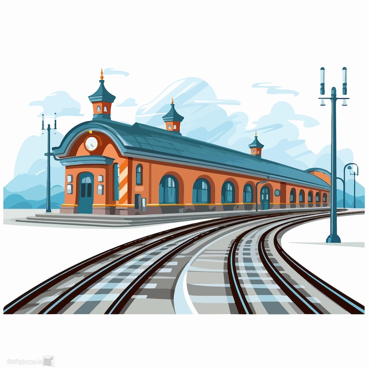 Vector modern train station illustration on white background