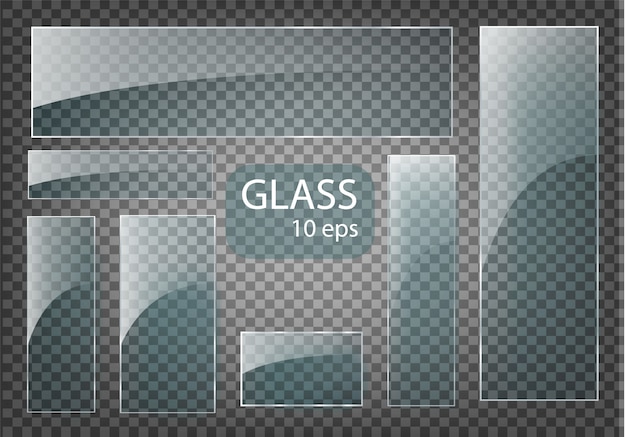 Vector modern transparent glass plates set on sample background.