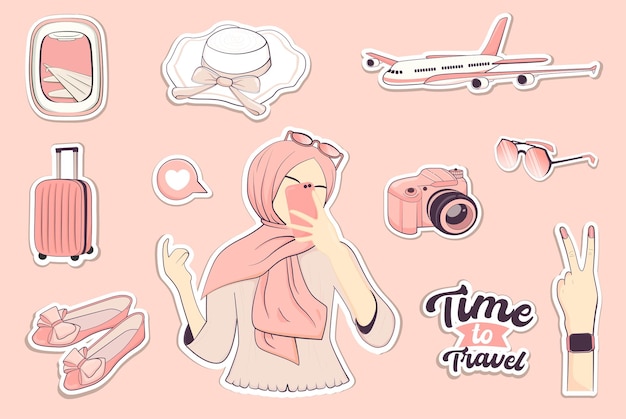 Modern travel elements stickers set with young muslim woman taking selfie photo