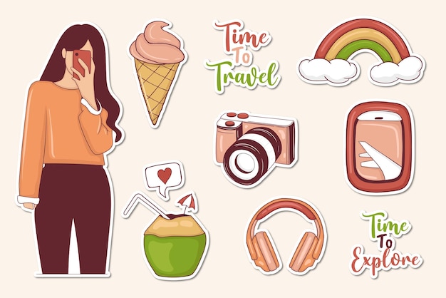 Modern Travel Stickers Set with girl and some elements