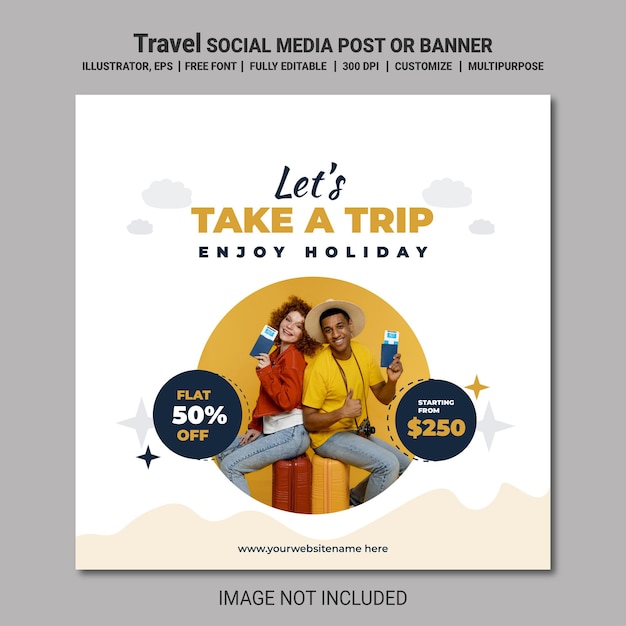 Vettore post sui social media di viaggi e tour moderni o banner in blu e giallo