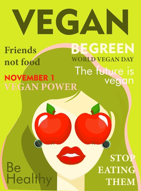 Vettore banner moderno e alla moda sul tema del vegetarianismo giornata mondiale del vegan cibo sano donna con mele