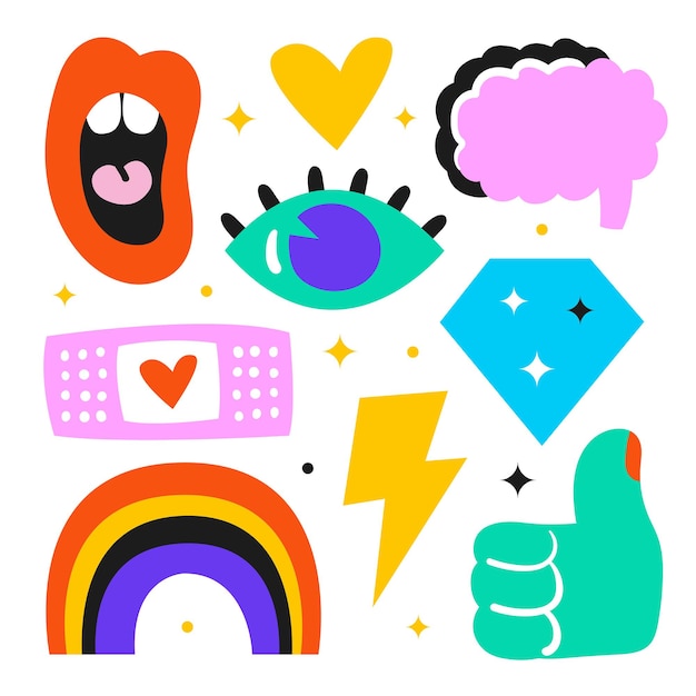 Vector modern trendy illustrations eye mouth brain flash like diamond rainbow bright colors