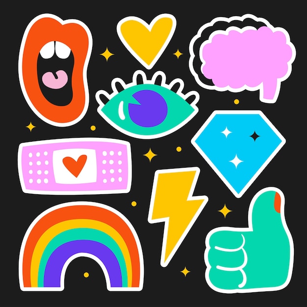 Vector modern trendy illustrations stickers eye mouth brain flash like diamond rainbow