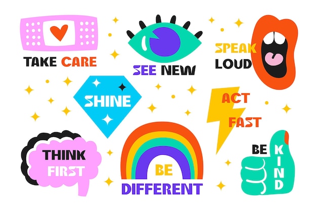 Modern trendy stickers set with motivational phrases eye mouth brain flash like diamond