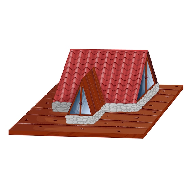 Modern triangular house with large windows in isometric cartoon style on a wooden platform