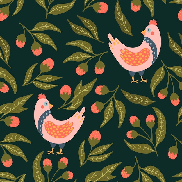 Modern tribal boho patterned small bird and branches with
flowers and berries seamless pattern