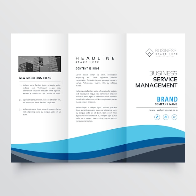 Vector modern trifold leaflet brochure design in blue wave shape