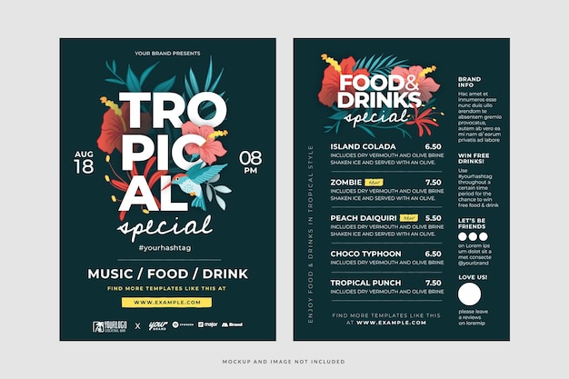 Vector modern tropical bar cocktails menu template in vector