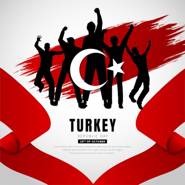陽気な若者のシルエットと波状の旗を持つ現代のトルコ共和国記念日の背景デザイン