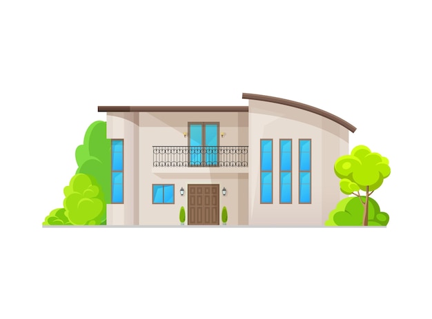 Modern twostorey house exterior in residential neighborhood Contemporary villa modern architecture vector home cottage with long narrow windows balcony with forged lattice and trees on yard