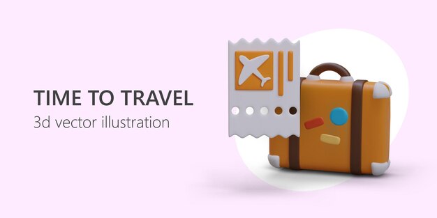 Modern types of air travel Vector template for advertising site with online ticket purchase Horizontal poster with light background 3D suitcase with color stickers perforated plane ticket