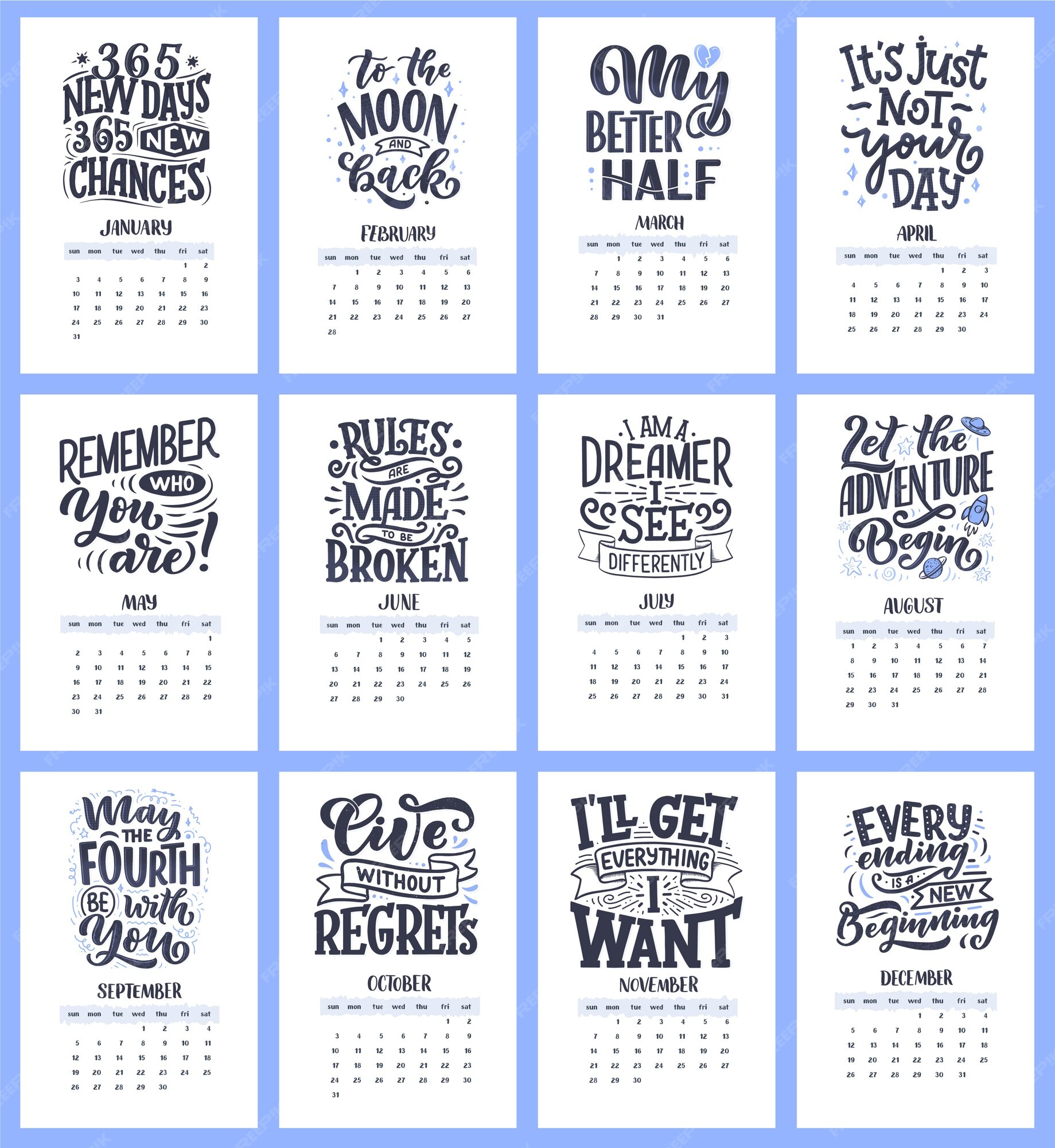 Premium Vector | Modern typography lettering compositions for 2021 year  calendar with funny motivation quotes.