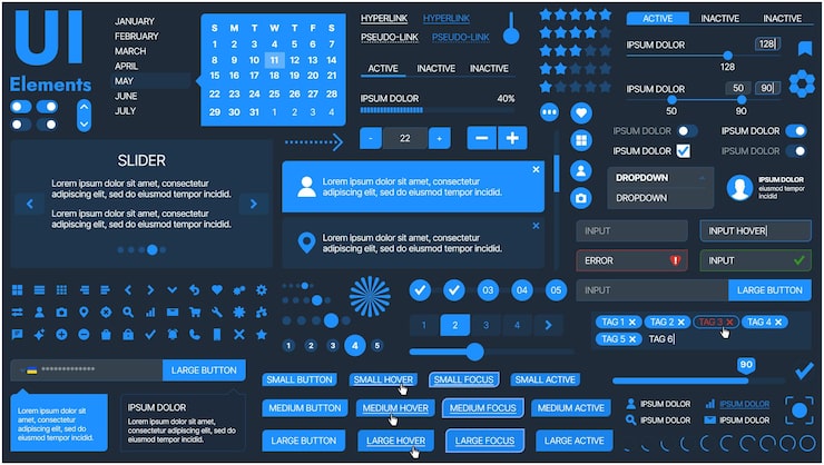 Vector 버튼, 아이콘, 내비게이션 메뉴 및 반응형 디자인 요소를 특징으로하는 현대 ui 키트 로그인 양식, 미디어 플레이어, 검색 바 및 캘린더, 앱 및 웹 사이트에 이상적입니다.