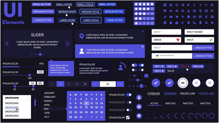 Vector a modern ui kit featuring a collection of buttons icons navigation menus and responsive design elements includes login forms media players search bars and calendars ideal for apps websites